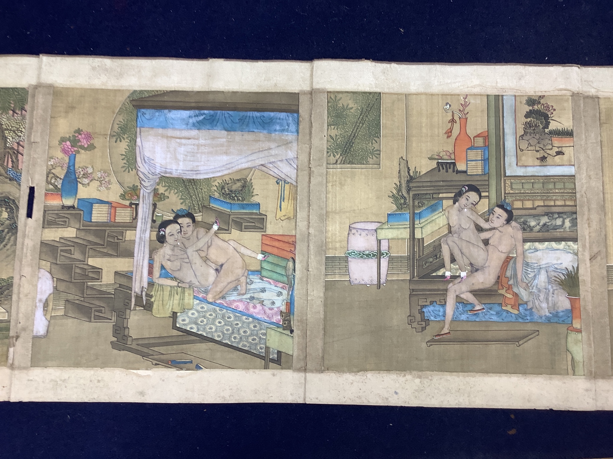 A group of six 19th century Chinese erotic paintings on silk, 27 x 22cm total dimensions